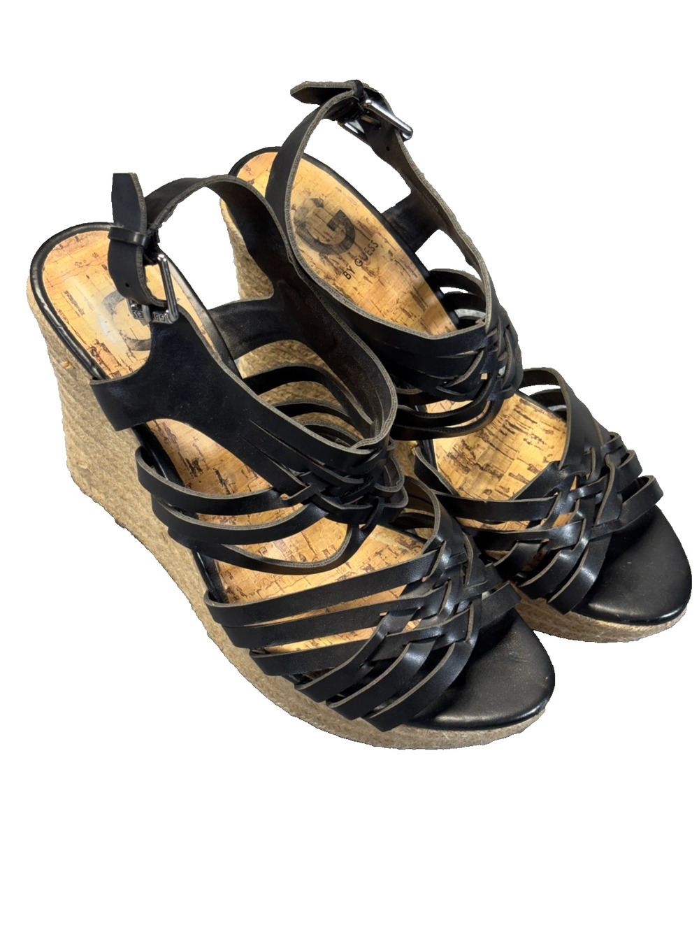 G by Guess GGEILEEN Black Strappy Espadrille Wedge Sandal Women's 8M 4"